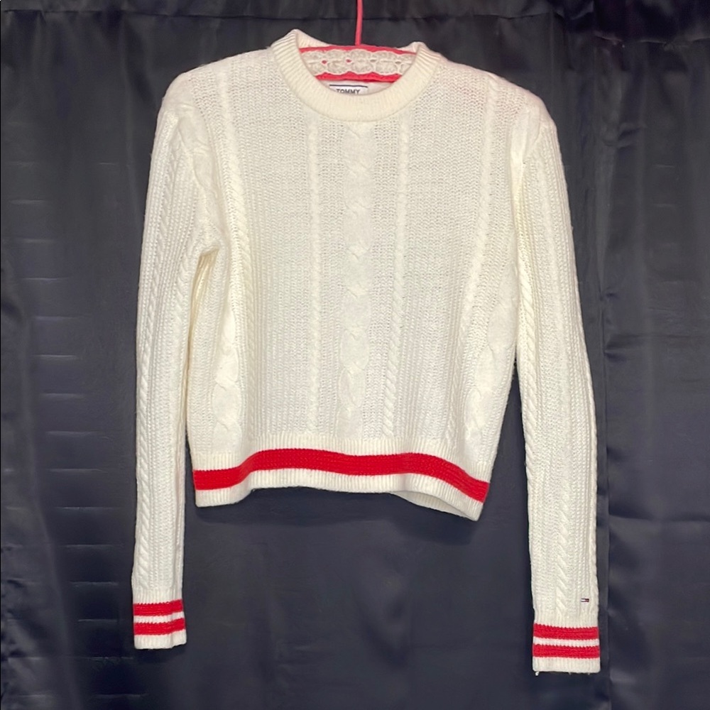 Tommy Jeans white knit sweater with red stripe